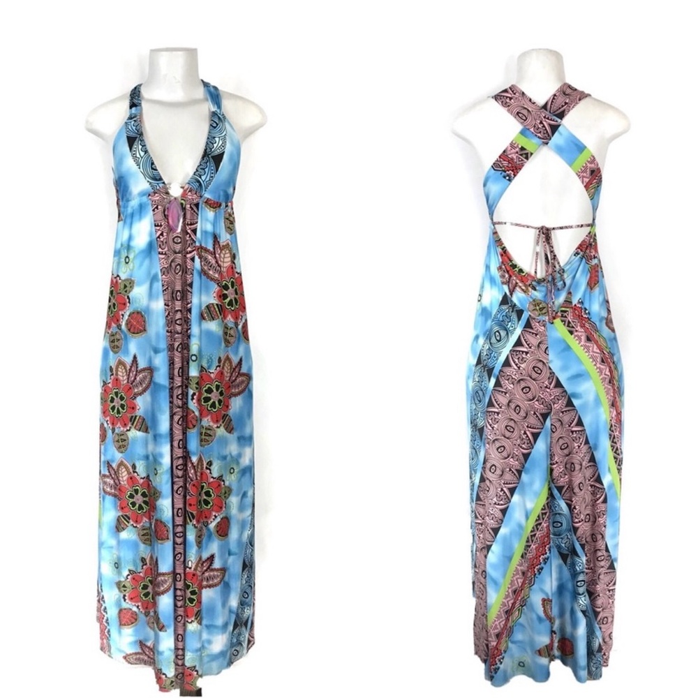 Boston Proper Maxi Dress Sz 2 Sleeveless Blue Floral Festival Boho Spring Summer